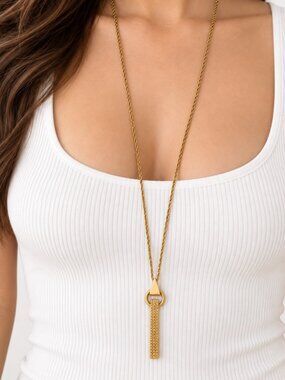 Madewell Pavé Crystal Cylinder Long Pendant Necklace Vintage Gold Tone 30in Boho